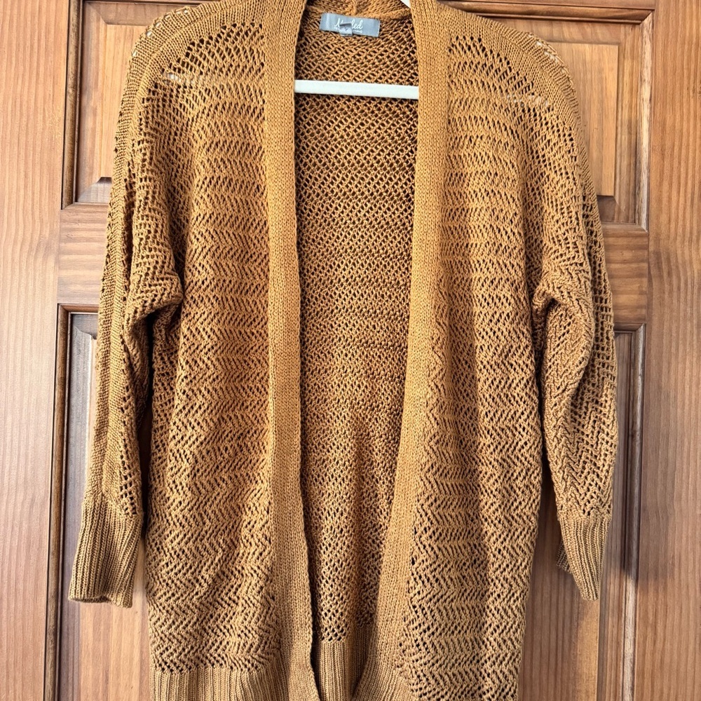 Crocheted Open Front Cardigan Marled Reunited Women’s Small Tan Lightweight